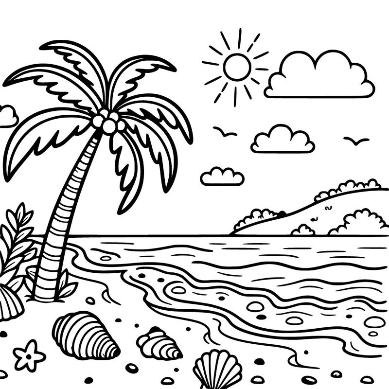 beach with palm tree and seashells