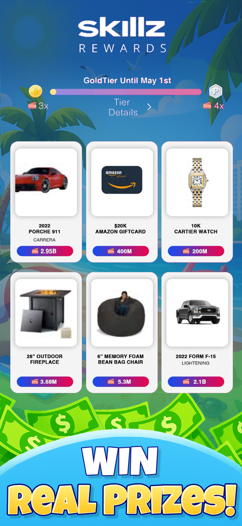 L'écran des récompenses de Bingo Golden affichant des prix réels comme des voitures de luxe et des cartes-cadeaux.