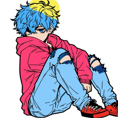 a male hoddie ripped jeans messy hair anime