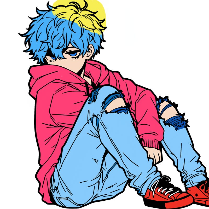 a male hoddie ripped jeans messy hair anime