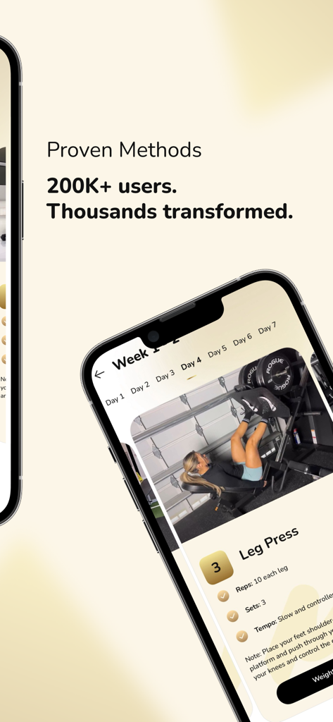 Good Fitness - Good Fitness app interface showing a leg press exercise with sets and reps for women