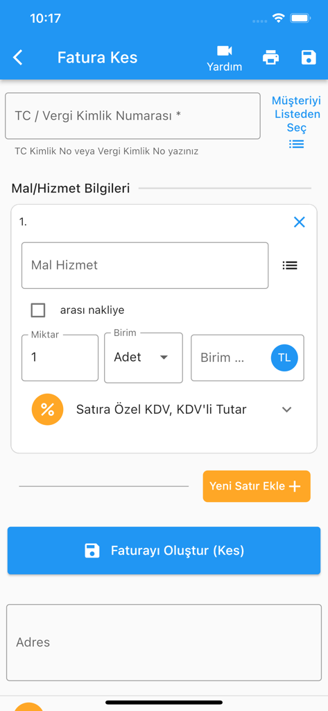 Interface do aplicativo móvel para emissão de notas fiscais eletrônicas turcas com ID fiscal e detalhes do item de serviço