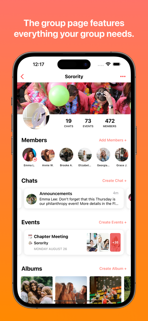 Screenshot of the Flare app group dashboard displaying member lists, chat announcements, event schedules, and photo albums for a sorority.