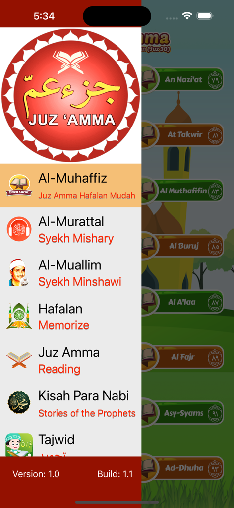Hafalan Juz Amma Lengkap - The navigation sidebar of the Hafalan Juz Amma Lengkap app displaying Quran memorization and learning features