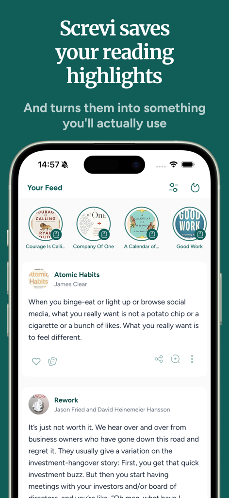 Screvi: Read & Highlight - Screvi mobile app displaying a feed of saved reading highlights from books like Atomic Habits.