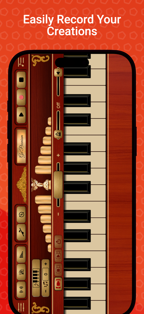 Street Organ - Street Organ app screenshot showing a vintage wood-themed keyboard and recording features.