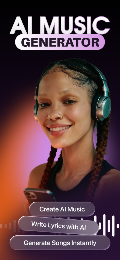 A smiling young woman with headphones on the Tunecy app home screen featuring AI music generation options