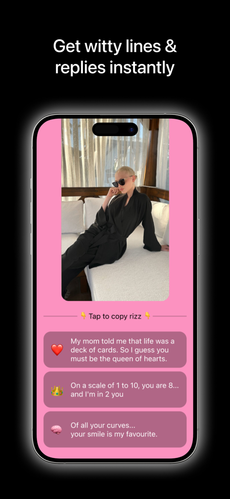 Cupid – AI Dating Assistant - Interfaz de la aplicación Cupid AI dating assistant que muestra líneas de ligue ingeniosas y sugerencias de 'rizz'
