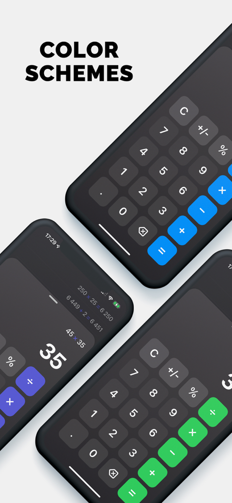 Калькулятор Pro + История - Three iPhones showing different color themes for the Calculator Pro and History app