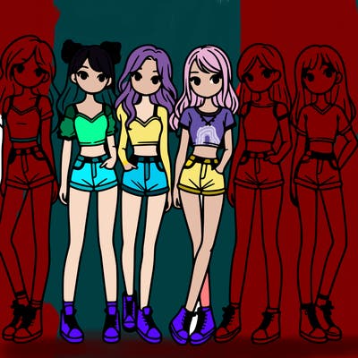 a group of girls wearing crop tops and shorts