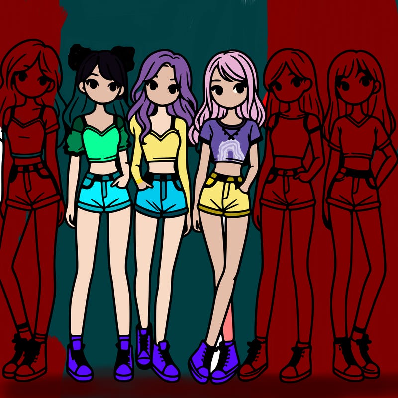 a group of girls wearing crop tops and shorts