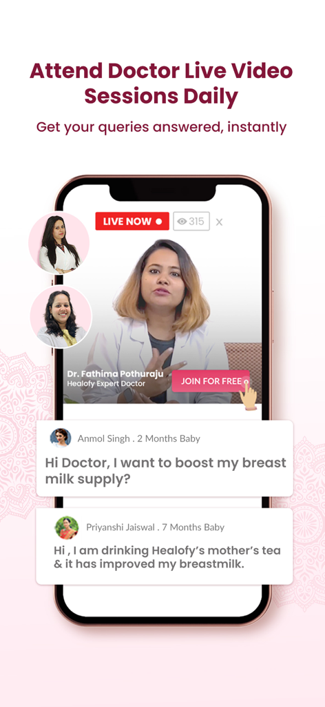 Healofy -Pregnancy & Parenting - Smartphone screen showing a live video session with an expert doctor for pregnancy and parenting advice on the Healofy app.