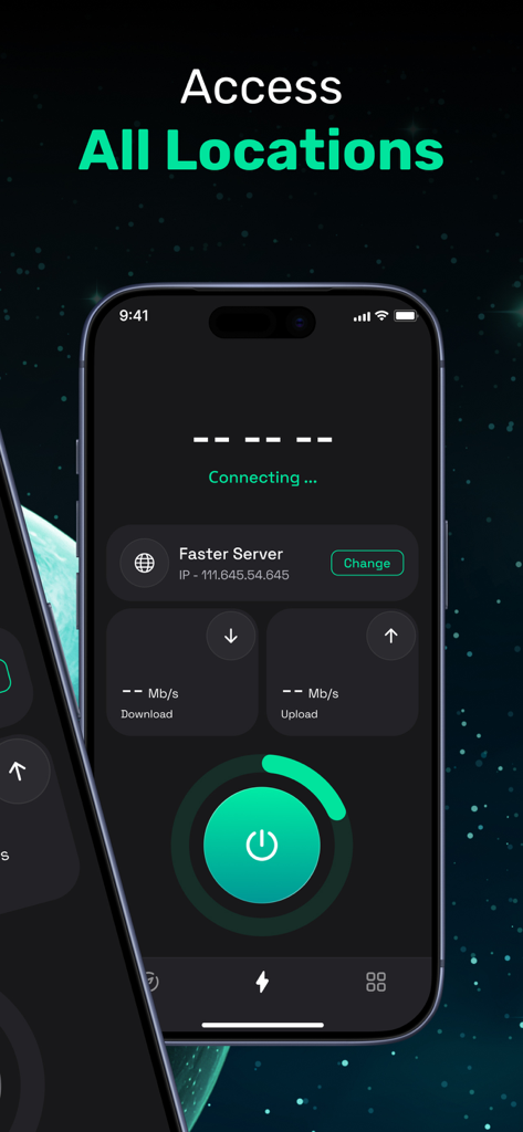 DataGuard VPN Master - Interfaz de la aplicación móvil DataGuard VPN Master mostrando una pantalla de conexión con el texto Acceder a Todas las Ubicaciones