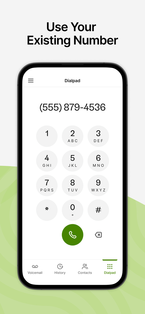 CaptionCall - CaptionCall Mobile app dialpad screen showing the option to use an existing phone number