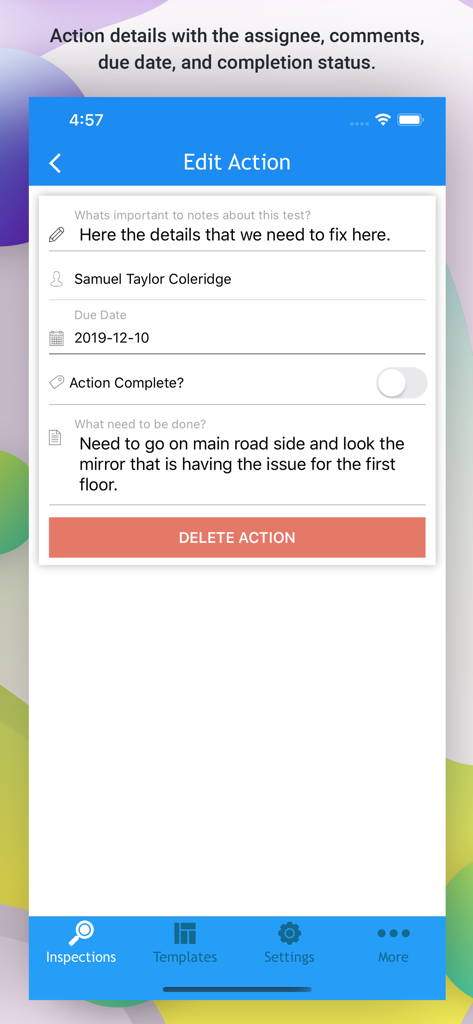 A mobile interface for editing audit actions showing assignee name, due date, and completion status.