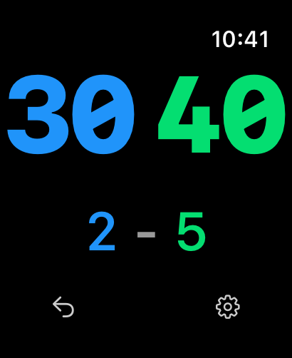 Snappy Tennis ScoreboardのApple Watchインターフェース。ポイントスコアが30対40、ゲームスコアが2対5で、色分けされた数字が表示されています。