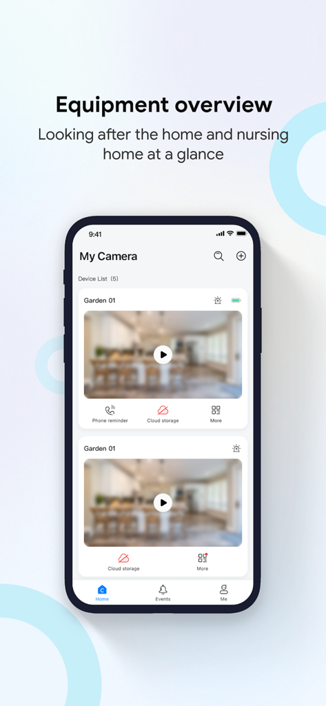 cam720 - cam720アプリの機器概要を示すスマートフォンの画面、接続されているスマートカメラのリストが表示されています