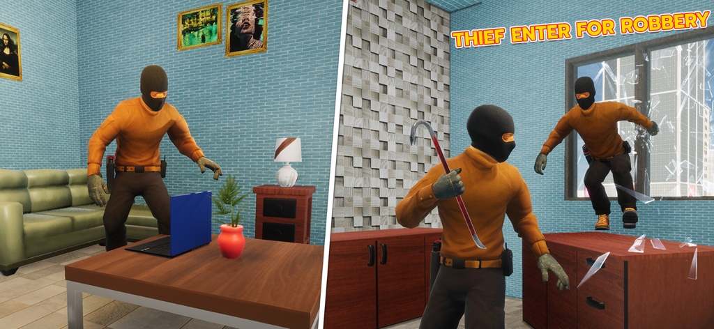 Thief  Sneak Robbery Simulator - 泥棒 潜入強盗 シミュレーターで、家に忍び込み窓を割る泥棒キャラクターのスプリットスクリーンビュー