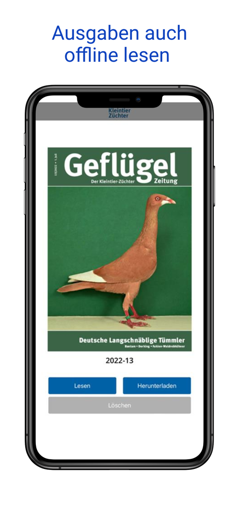 Mobile Ansicht zeigt Titelseite eines Geflügelmagazins mit Buttons zum Herunterladen und Offline-Lesen
