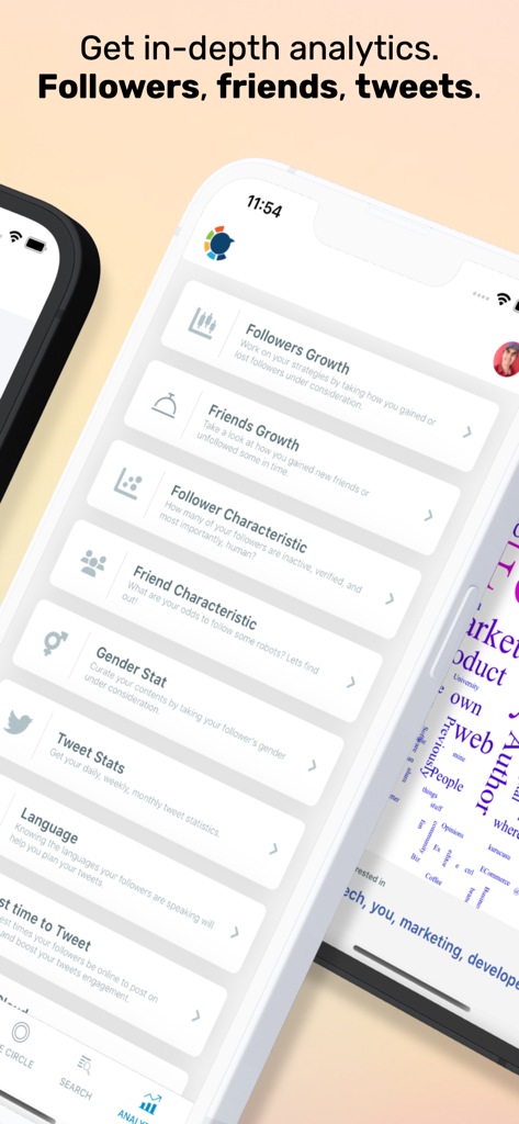 Dashboard of Circleboom for Twitter app showing analytic tools for follower growth and tweet statistics