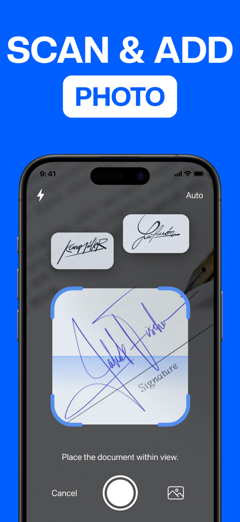 Mobile app interface showing a document scanner capturing a handwritten signature