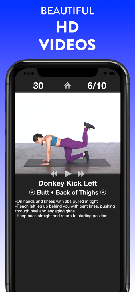 Daily Workouts - Daily Workouts app interface showing an HD video of a woman performing a donkey kick with exercise instructions