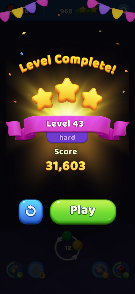 Bubble Pop！Bubble Shooter Game - Bubble Pop의 43번째 레벨에 대한 별 3개와 높은 점수를 보여주는 레벨 완료 화면