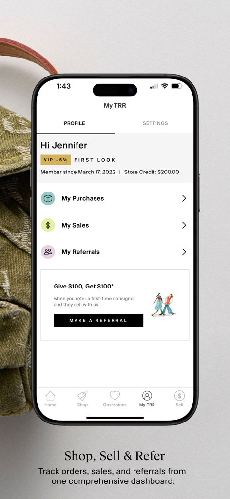 The RealReal - Buy+Sell Luxury - User profile dashboard on The RealReal app displaying purchases sales and referral options