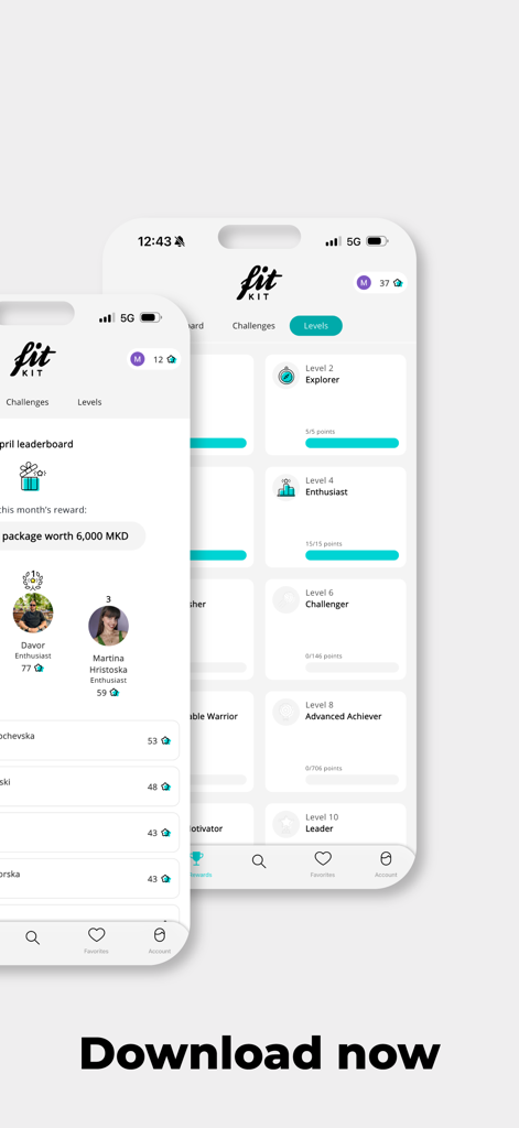 Mobile screenshots of the FitKit app showing user fitness levels and a community leaderboard for gamified wellness