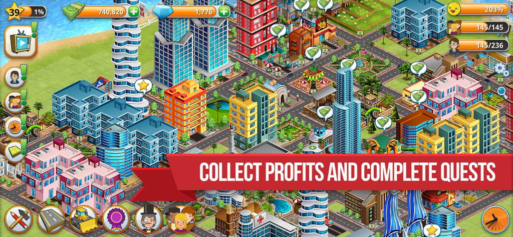 Village City Island Simulation - A vibrant city layout in Village City Island Simulation featuring colorful buildings skyscrapers and city management icons
