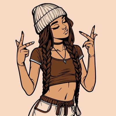 realistic teenage girl with braids and a beanie and crop top doing 🫶🏼