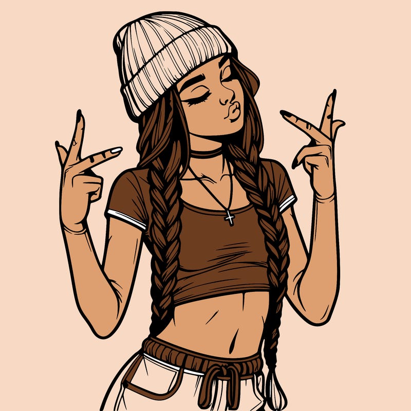 realistic teenage girl with braids and a beanie and crop top doing 🫶🏼