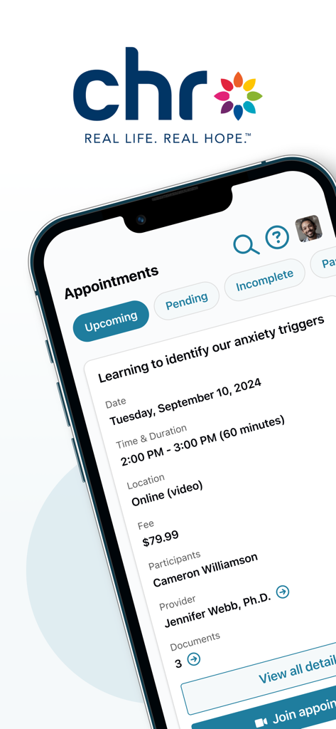 CHR Portal - Screenshot of the CHR Portal app displaying details for an upcoming online behavioral health appointment.
