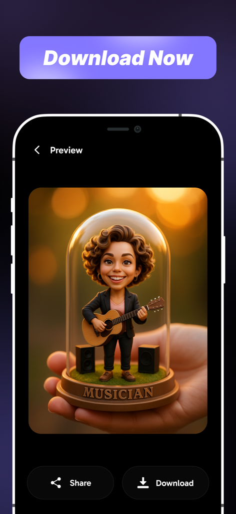 3D miniature musician character in a glass capsule
