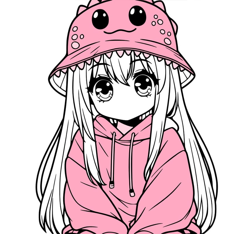 girl with anime shaped eyes with a dinosaur bucket hat oversized sweatshirt long straight hair