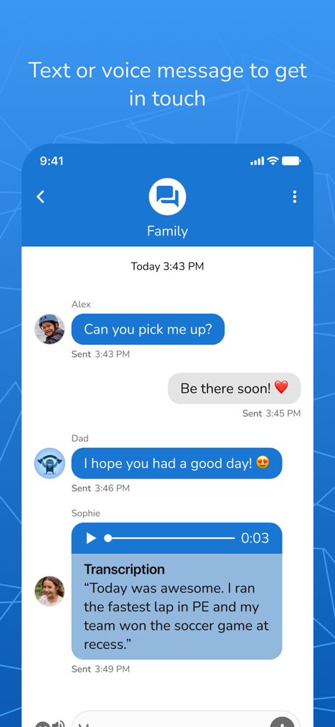 Garmin Jr app interface showing text and voice message communication between family members