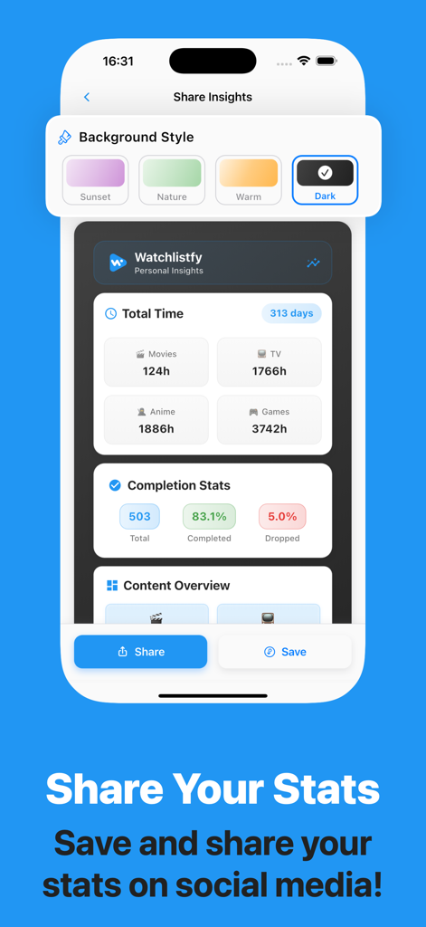 Watchlistfy: Track & Discover - Watchlistfy mobile app interface showing a summary of entertainment statistics for movies tv anime and games with sharing options
