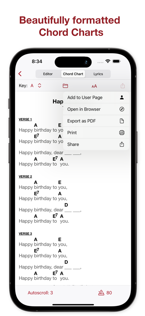 Chord Craft app displaying a guitar chord chart for Happy Birthday with a dropdown menu showing export as PDF and printing options