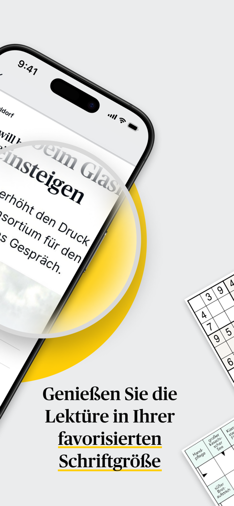 RP ePaper app interface showing adjustable font size for easy reading and daily puzzles