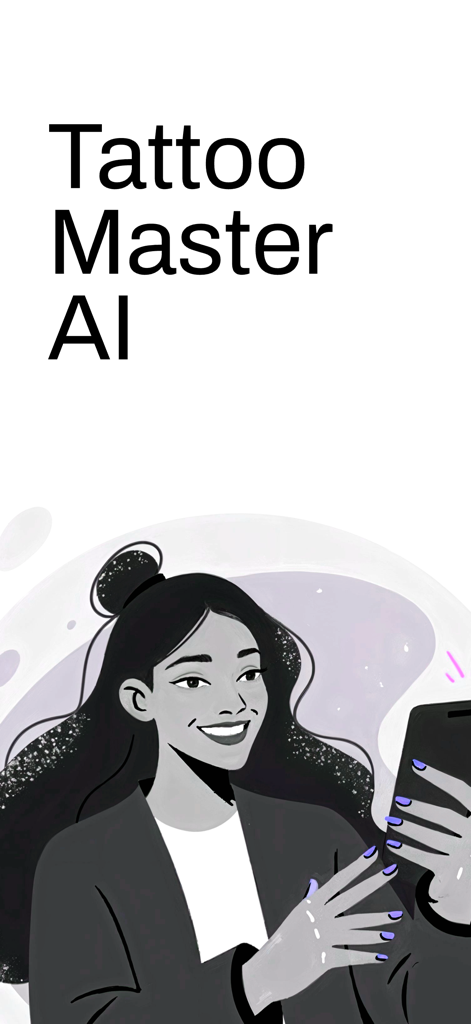 InkStudio – Tattoo Master AI - Modern illustration of a smiling woman holding a smartphone with Tattoo Master AI text