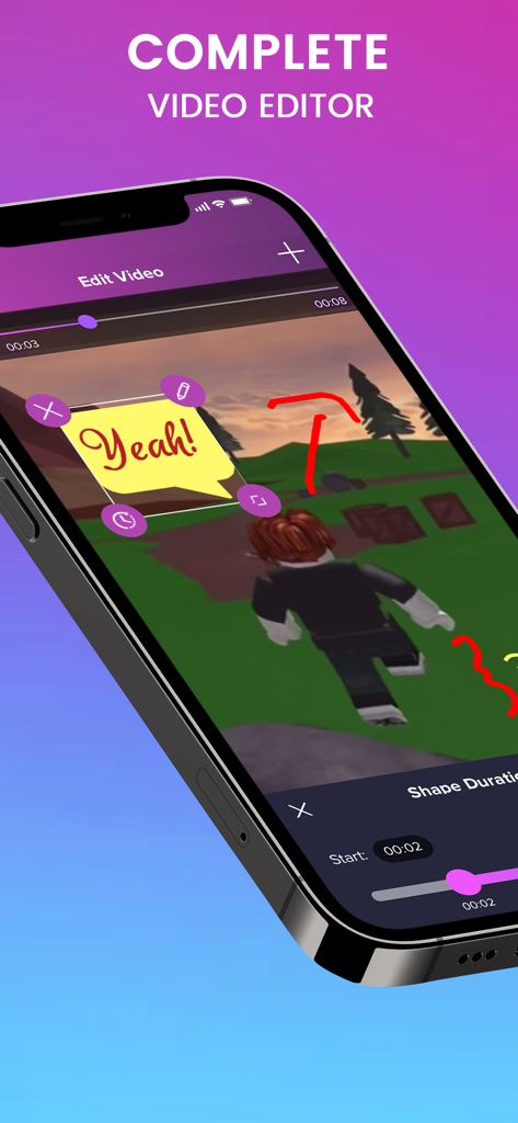 A mobile interface for editing screen recordings with gaming footage and text bubble stickers