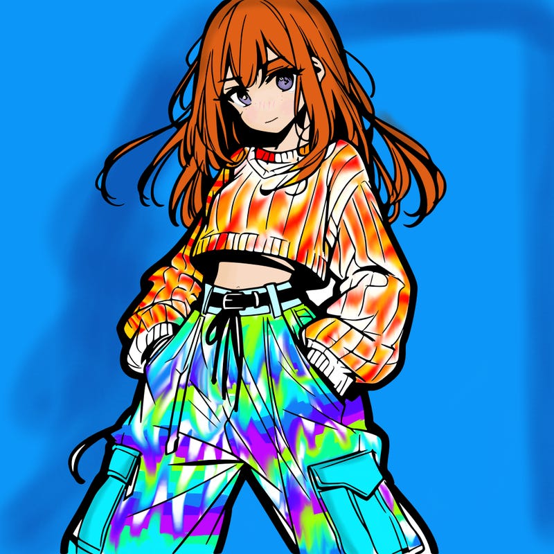 anime teen girl with baggy pants and crop top with sweater