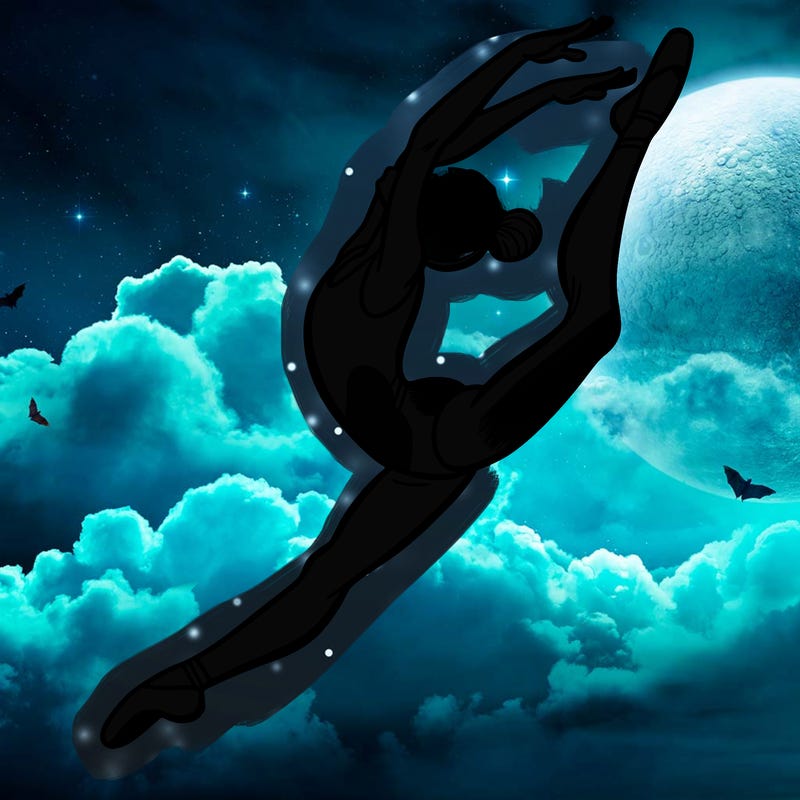 gymnast doing a leap in a leotard with a bent back leg