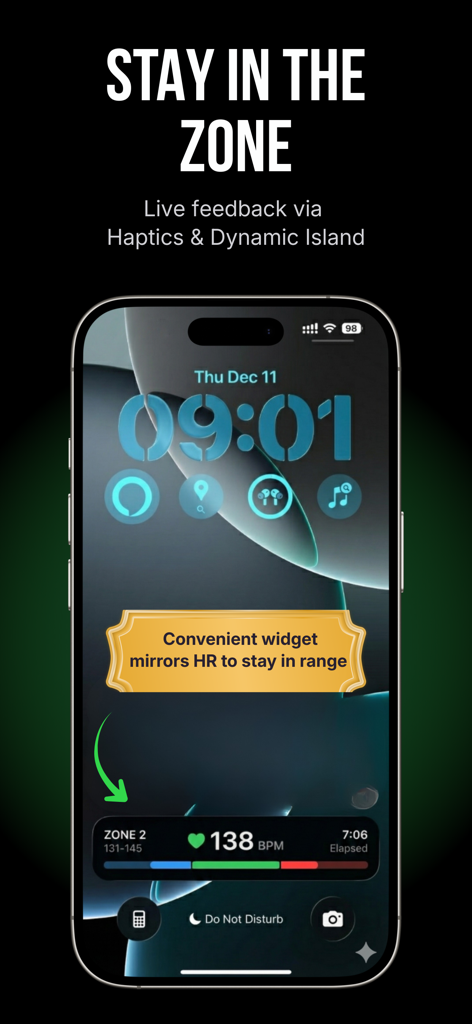 Zone 2 AI: Vo2 Max & Endurance - Interfaccia dell'app Zone 2 AI su una schermata di blocco dell'iPhone che mostra un widget di monitoraggio della frequenza cardiaca in tempo reale e stato della zona.