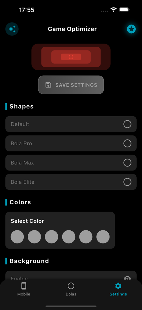 Interfaz del Optimizador de Juego de la aplicación Bola botón Trick para la personalización de la forma y el color de la mira