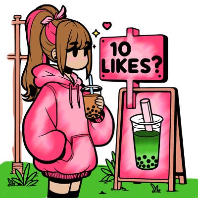girl with oversized hoodie drinking boba and she has a high ponytail with a sign that says 10likes?