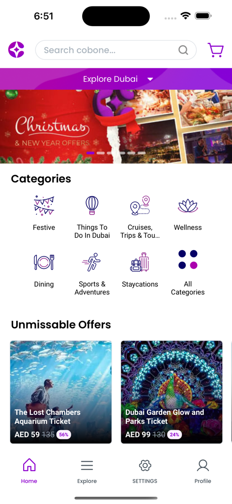 Cobone - Deals & Coupons - Cobone app home screen showing discount categories and offers for activities and staycations in Dubai