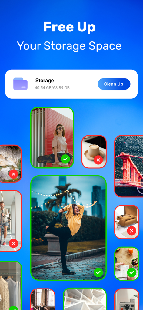 Mobile app interface showing device storage capacity and a smart photo cleanup feature with selected images for deletion