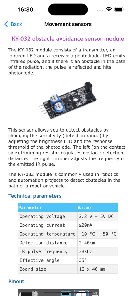 KY032 obstacle avoidance sensor module tutorial with technical parameters table