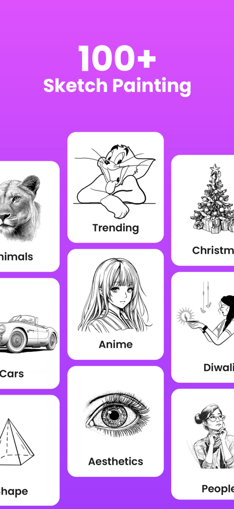 AR Draw Sketch Paint Trace - Interface of the AR Draw app showing various sketch categories like Anime, Animals, and Trending for tracing.